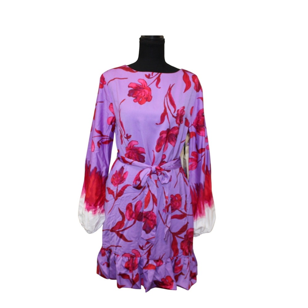 NWT Boho Romantic Floral Dress Lavender Pink Belted XS Ombre Sleeve Ruffle Mini